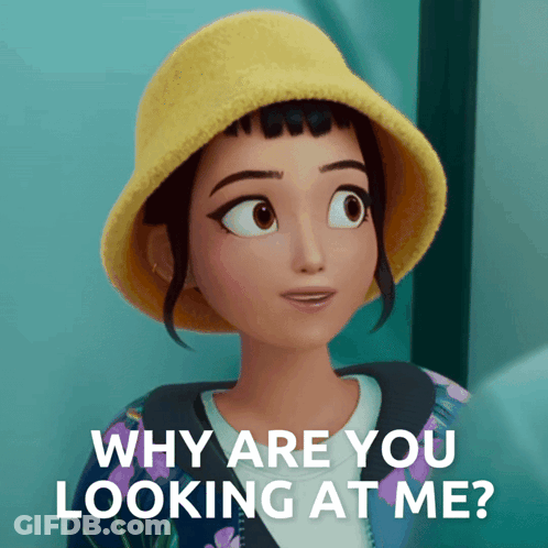 A Cartoon Girl Wearing A Yellow Hat Is Asking " Why Are You Looking At Me " GIF