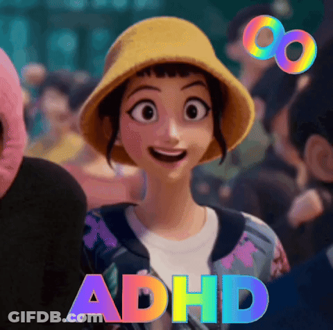 A Cartoon Girl Wearing A Yellow Hat With The Word Adhd On The Bottom Right GIF