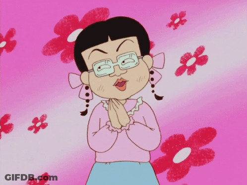 A Cartoon Girl Wearing Glasses Is Praying In Front Of A Pink Background With Red Flowers GIF
