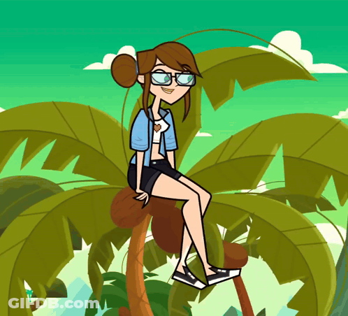 A Cartoon Girl Wearing Glasses Sits On A Palm Tree GIF
