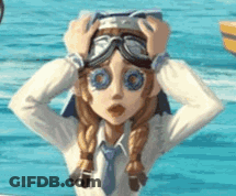 A Cartoon Girl Wearing Goggles Is Holding Her Head In The Water . GIF
