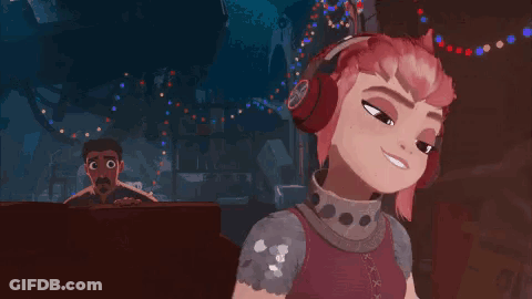 A Cartoon Girl Wearing Headphones Is Standing In Front Of A Man Sitting At A Table . GIF