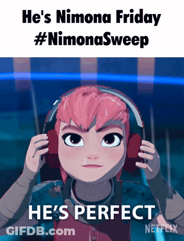 A Cartoon Girl Wearing Headphones With The Caption He 'S Nimona Friday #Nimonasweep GIF