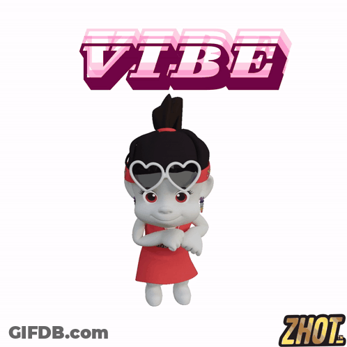 A Cartoon Girl Wearing Heart Shaped Sunglasses And A Red Dress Stands In Front Of A Vibe Sign GIF