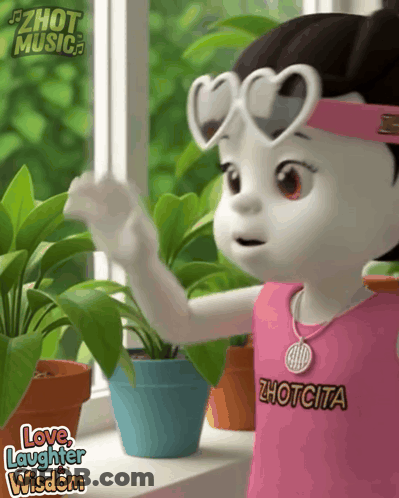 A Cartoon Girl Wearing Heart Shaped Sunglasses And A Shirt That Says ' Love Laughter Wisdom ' On It GIF