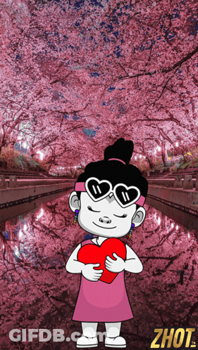 A Cartoon Girl Wearing Heart Shaped Sunglasses Is Holding A Heart In Front Of A Cherry Blossom Tree GIF