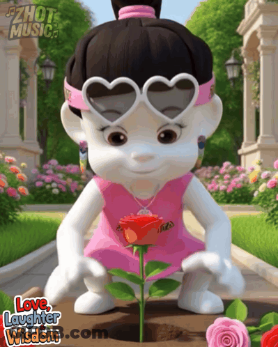 A Cartoon Girl Wearing Heart Shaped Sunglasses Is Planting A Rose Into The Ground GIF