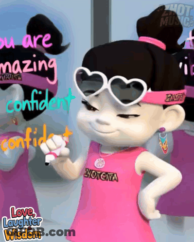 A Cartoon Girl Wearing Heart Shaped Sunglasses Is Standing In Front Of A Mirror With The Words Love Laughter Wisdom On T GIF