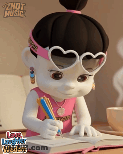 A Cartoon Girl Wearing Heart Shaped Sunglasses Is Writing In A Notebook With The Words Love Laughter Wisdom Below Her GIF