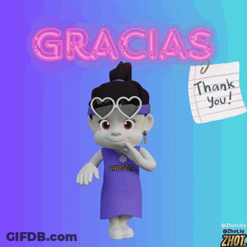 A Cartoon Girl Wearing Heart Shaped Sunglasses Stands In Front Of A Neon Sign That Says Gracias GIF