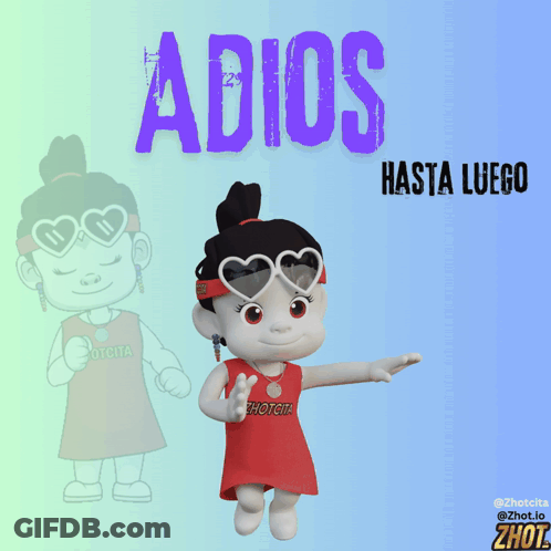 A Cartoon Girl Wearing Heart Shaped Sunglasses Stands In Front Of A Sign That Says " Adios Hasta Luego " GIF