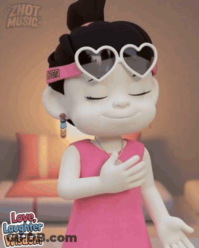 A Cartoon Girl Wearing Heart Shaped Sunglasses With The Words Love Laughter Wisdom Written Below Her GIF