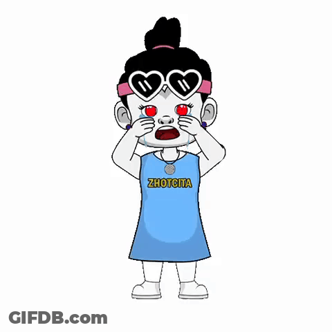 A Cartoon Girl Wearing Sunglasses And A Blue Dress Is Crying And Covering Her Eyes . GIF