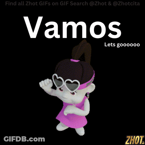 A Cartoon Girl Wearing Sunglasses And A Pink Dress Says " Vamos Lets Gooooo " GIF