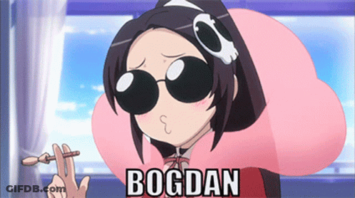 A Cartoon Girl Wearing Sunglasses And A Pink Pillow With The Name Bogdan On It GIF
