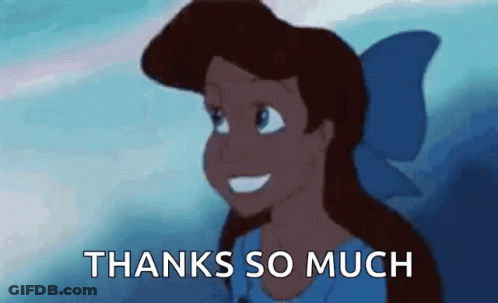 A Cartoon Girl With A Blue Bow On Her Head Is Smiling And Saying `` Thanks So Much '' . GIF