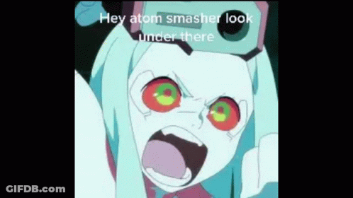 A Cartoon Girl With A Camera On Her Head Is Screaming And Saying `` Hey Atom Smasher Look Under There '' . GIF