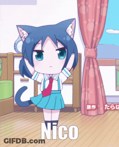 A Cartoon Girl With A Cat Ear And The Name Nico On The Bottom GIF