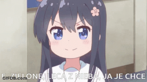 A Cartoon Girl With A Flower In Her Hair Says " E, Zielone, Leca Z Nieba Ja Je Chce " GIF