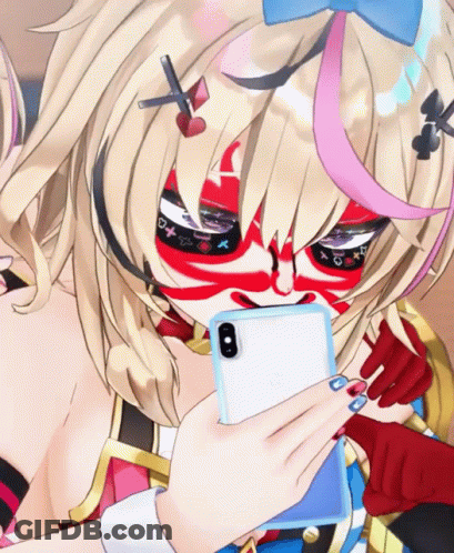 A Cartoon Girl With A Mask On Her Face Is Holding A Cell Phone GIF