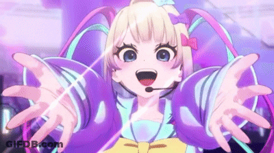 A Cartoon Girl With A Microphone On Her Head Is Holding Her Arms Out . GIF