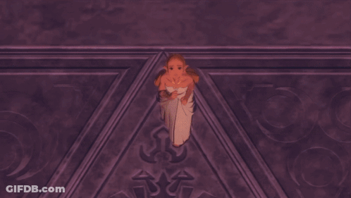 A Cartoon Girl With A Necklace On Her Neck Is Standing In Front Of A Purple Wall . GIF