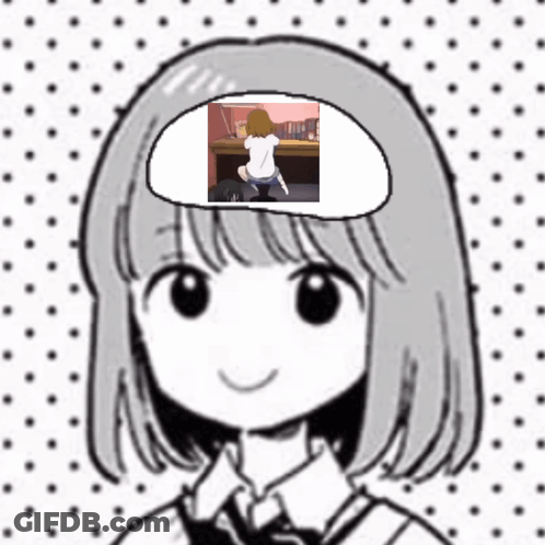 A Cartoon Girl With A Picture Of A Girl Sitting At A Desk In Her Head . GIF