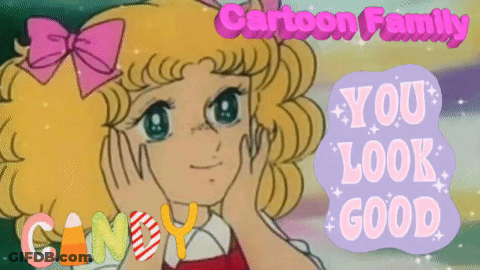 A Cartoon Girl With A Pink Bow And The Words " You Look Good " Behind Her GIF