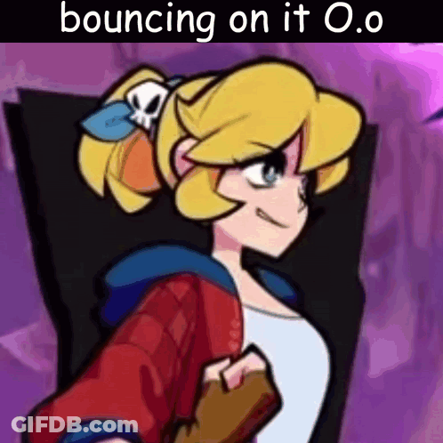 A Cartoon Girl With A Ponytail And A Skull On Her Head Is Bouncing On A Chair . GIF