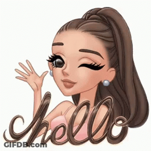 A Cartoon Girl With A Ponytail Is Waving Her Hand And The Word Hello Is Behind Her . GIF