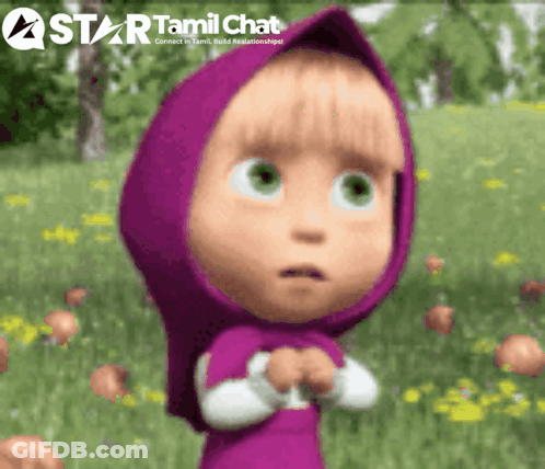 A Cartoon Girl With A Purple Head Scarf And A Star Tamil Chat Logo Behind Her GIF