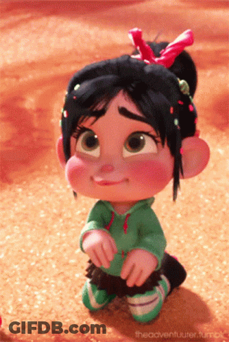 A Cartoon Girl With A Red Bow On Her Head Is Kneeling Down And Smiling GIF