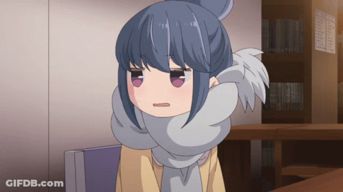 A Cartoon Girl With A Scarf Around Her Neck Is Sitting In Front Of A Bookshelf GIF