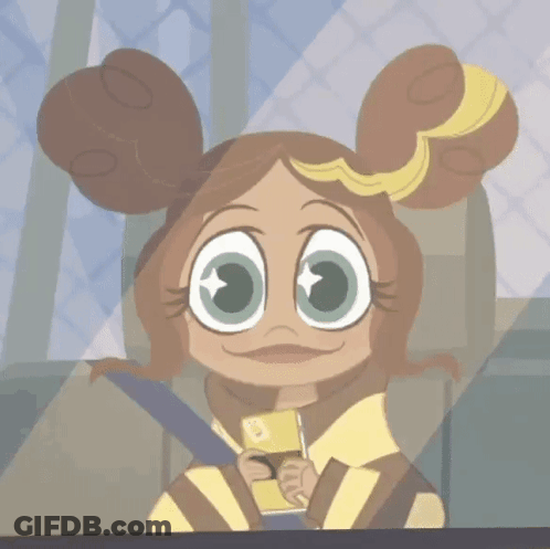 A Cartoon Girl With Big Eyes Is Sitting In A Car Seat Holding A Nintendo Switch GIF