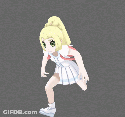 A Cartoon Girl With Blonde Hair And Green Eyes Is Running On A Grey Background GIF