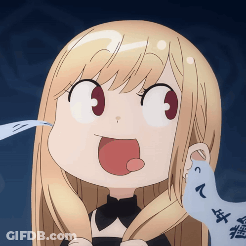 A Cartoon Girl With Blonde Hair And Red Eyes Is Making A Face With Her Tongue Out GIF