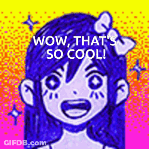 A Cartoon Girl With Blue Hair And A Bow In Her Hair Is Smiling And Says Wow , That 'S So Cool . GIF