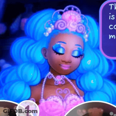 A Cartoon Girl With Blue Hair And A Pink Necklace GIF