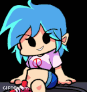 A Cartoon Girl With Blue Hair And A Pink Shirt Is Sitting On The Floor . GIF