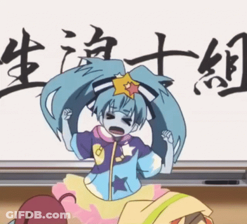 A Cartoon Girl With Blue Hair And A Star On Her Head Is Standing In Front Of A White Board With Chinese Writing On It . GIF