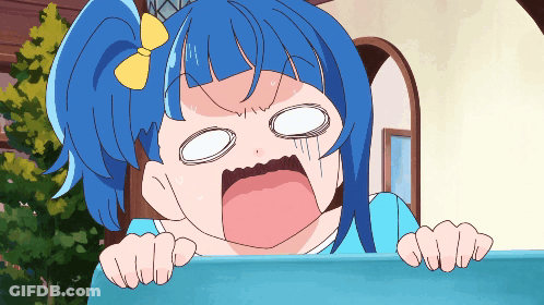 A Cartoon Girl With Blue Hair And A Yellow Bow On Her Head GIF