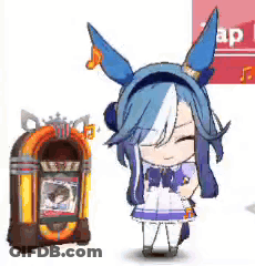 A Cartoon Girl With Blue Hair And Ears Is Standing Next To A Jukebox . GIF