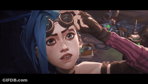 A Cartoon Girl With Blue Hair And Goggles On Her Head GIF
