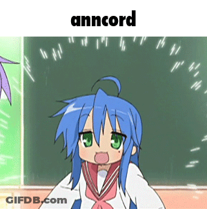 A Cartoon Girl With Blue Hair And Green Eyes Is Standing In Front Of A Blackboard With The Word Anncord On Top GIF