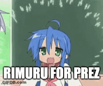 A Cartoon Girl With Blue Hair And Green Eyes Is Standing In Front Of A Blackboard With The Words Rimuru For Prez Written GIF