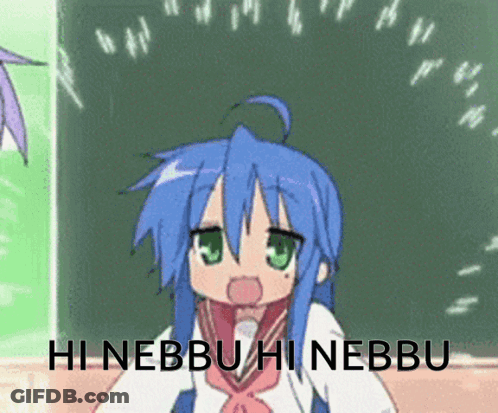 A Cartoon Girl With Blue Hair And Green Eyes Says Hi Nebbu Hi Nebbu GIF