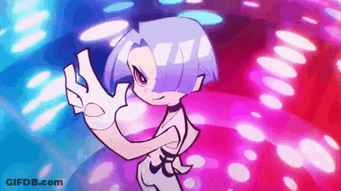 A Cartoon Girl With Blue Hair And White Gloves Is Standing In Front Of A Pink And Blue Background . GIF