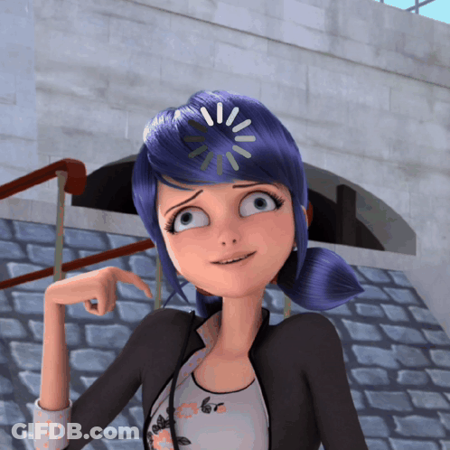 A Cartoon Girl With Blue Hair Has A Loading Screen On Her Head GIF
