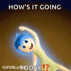 A Cartoon Girl With Blue Hair Is Doing A Yoga Pose With The Words How 'S It Going Today ? GIF
