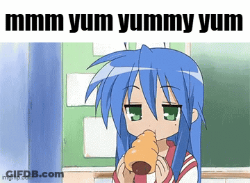 A Cartoon Girl With Blue Hair Is Eating A Donut With The Words Mmmm Yum Yummy Yum Written Above Her GIF